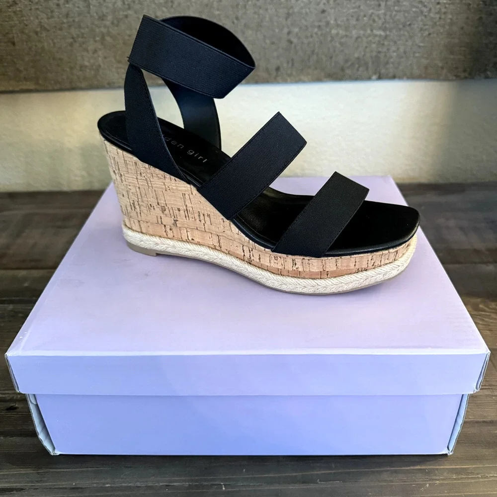 NEW Steve Madden Madden Girl Wedge Sandals Black Cork Heel Open Toe Womens 8.5